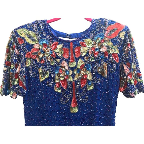 Vintage Swee Lo Royal Blue Sequin Beaded Silk Dress | XS/Small | 80s Cocktail Go - Picture 1 of 10